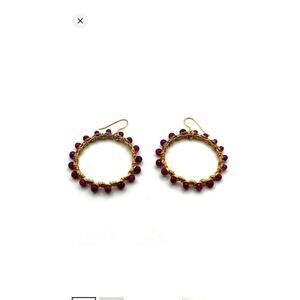 Artisan Wire Wrapped Gold tone Garnet Bead Hoop Earring Pierced Beaded